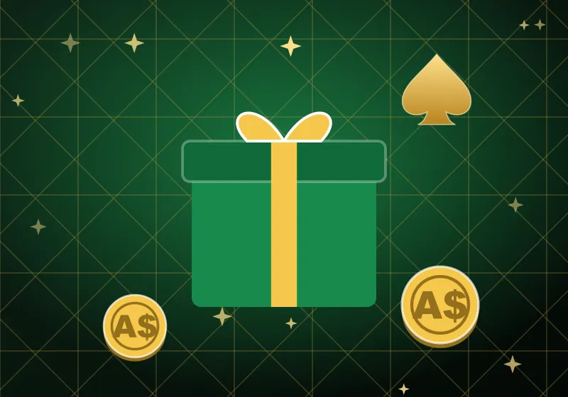 Green gift box with a gold ribbon next to a gold spade and A$ coins