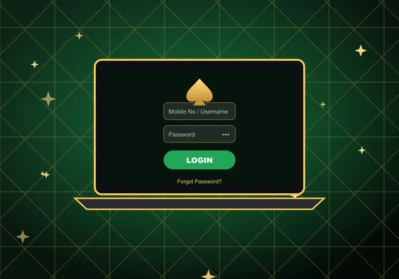Spade69 login step by step Laptop showing the Spade69 login form with Mobile No / Username, Password and a green LOGIN button