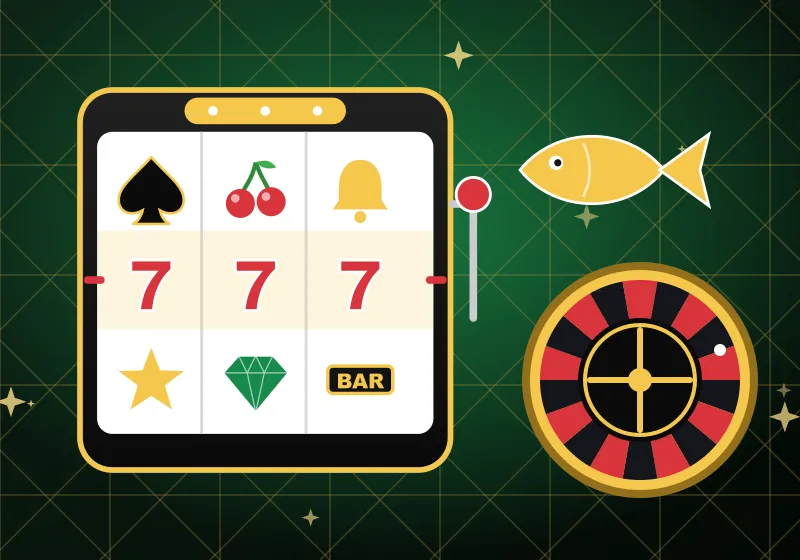 Slot machine with three sevens, a gold fish and a roulette wheel